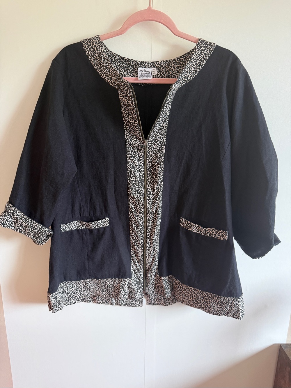 Parsley & Sage XL Cotton Zip Front Jacket Leopard Trim Lagenlook Boho